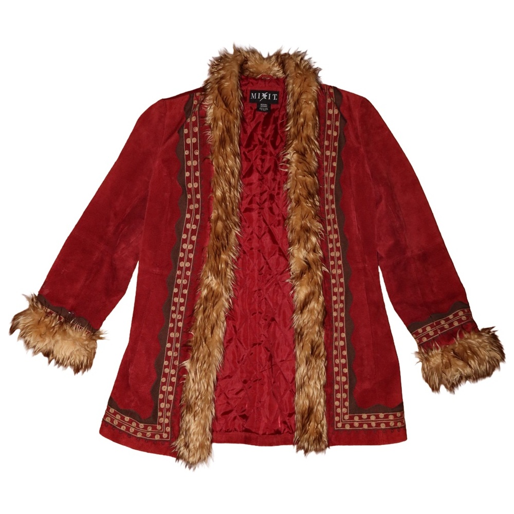 Red Suede Jacket with Faux Fur Trim